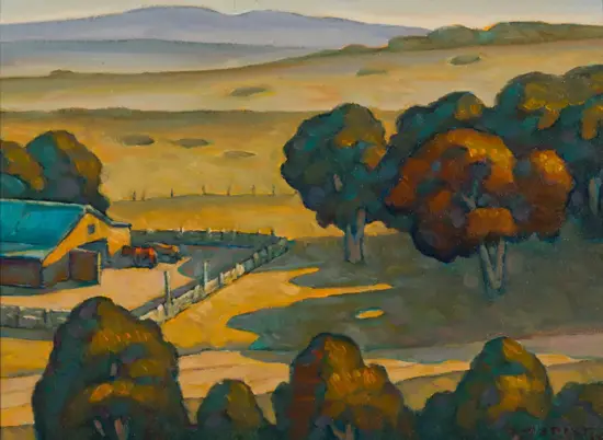 Impressionist countryside: yellow fields, a fence, and a teal-roofed house on the left with trees in the foreground.
