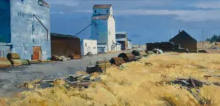 Impressionist painting of an industrial complex with tall silos and white buildings along a dusty road, next to golden fields under a blue sky.