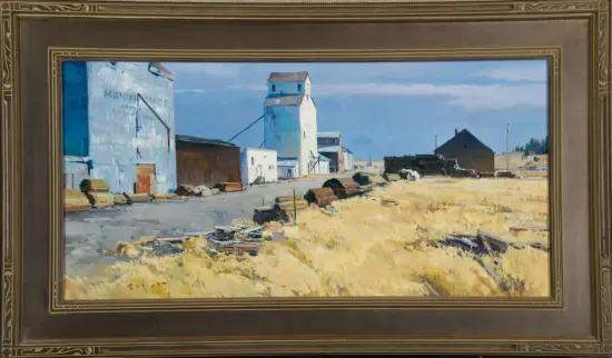 Impressionist painting of an industrial harbor with blue warehouses, a tall white tower, and a sandy foreground.