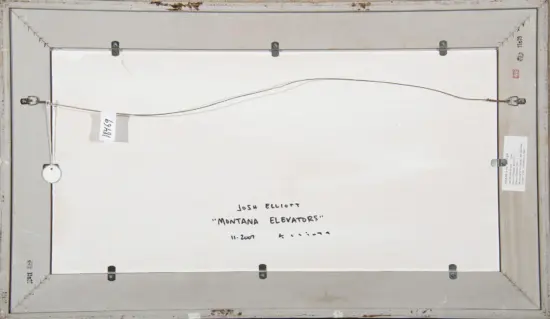 Back of a framed artwork with hanging wire, labels, and handwritten title: Joshua Elliott, 'Montana Elevators' (dated 11-2007).