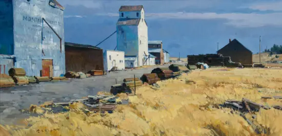 Impressionist painting of an industrial complex with tall silos and white buildings along a dusty road, next to golden fields under a blue sky.