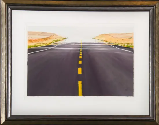 Framed painting of a straight desert highway narrowing to the horizon, with a yellow dashed centerline and orange hills on each side.