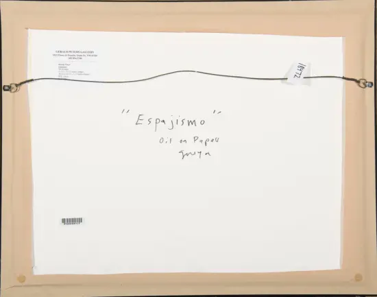 Back of a framed painting with hanging wire; handwritten title "Espa jismo" and note reading "Oil on Paper" with artist's signature.