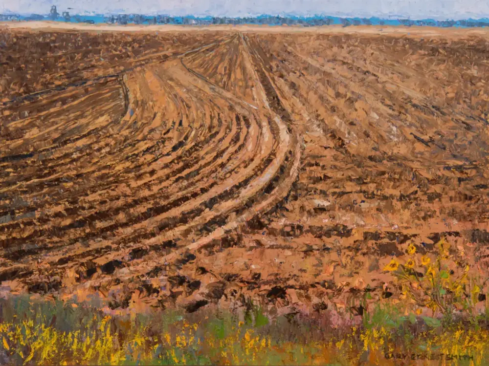 Abstract landscape: brown, ridged soil with curved furrows, blue horizon, and yellow wildflowers at the bottom.