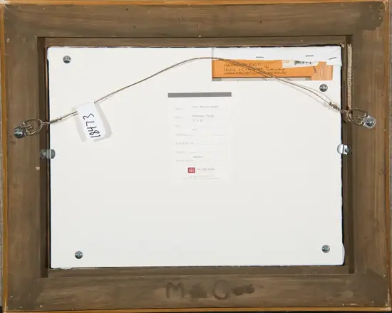 Back of a framed artwork: white backing, metal hanging wire with hooks, wooden frame, and small labels noting artist and title.