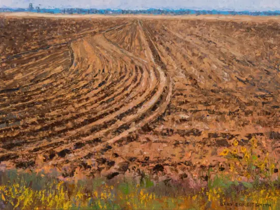 Abstract landscape: brown, ridged soil with curved furrows, blue horizon, and yellow wildflowers at the bottom.