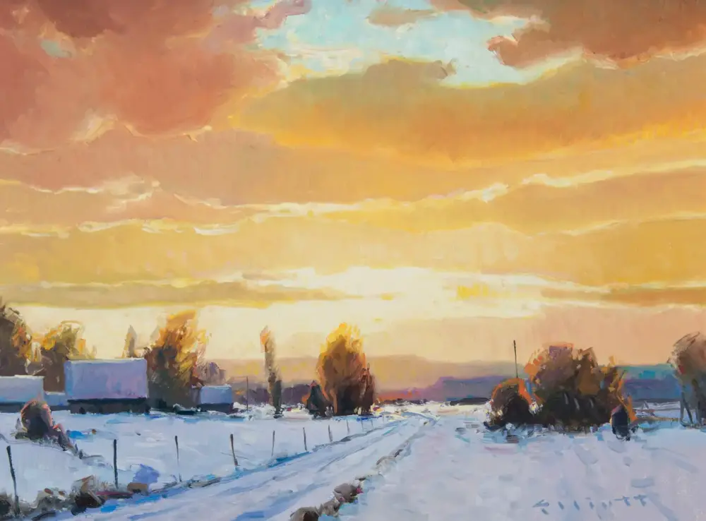 Impressionistic painting of a snow-covered rural landscape at sunset with a warm orange sky and silhouette trees.