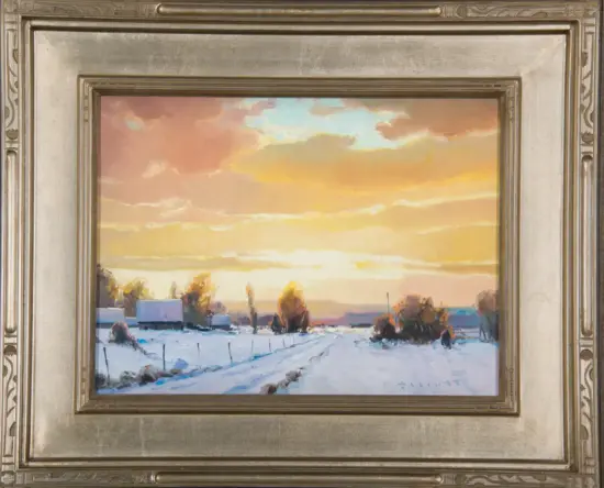 Snowy village at sunset depicted in a framed landscape painting; houses, trees, and a road under an orange sky.