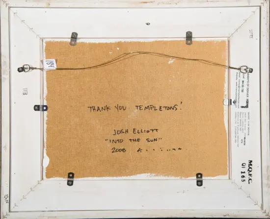 Back of a framed artwork showing a burlap backing with handwritten dedication: 'THANK YOU TEMPLETONS.' Artist Josh Elliott, 'Into the Sun,' 2008.