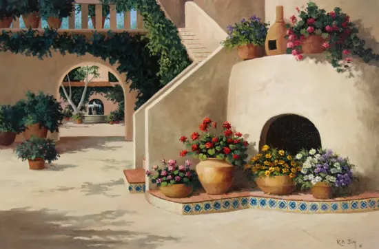 Sunlit Mediterranean courtyard with ivy-covered walls, arched openings, and potted flowers around a white clay oven on a tiled ledge.