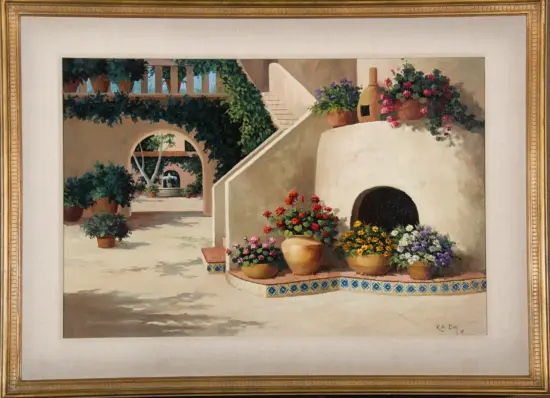 Mediterranean courtyard with white stucco walls, potted flowers, and a rounded oven, ivy-clad stairs in the background.