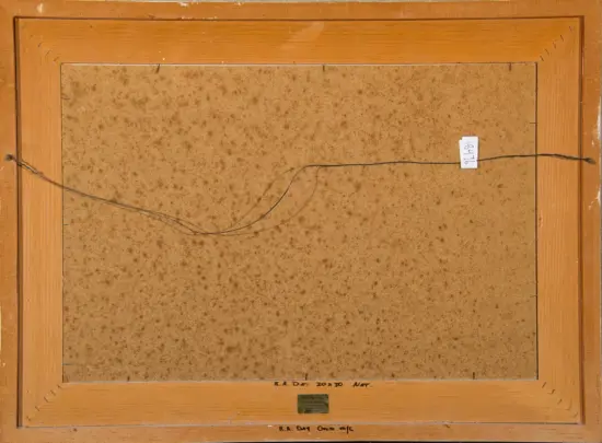 Back of a wooden-framed painting with a curved hanging wire across the center and a small white tag labeled (numbers are visible) Attached to a brown canvas surface with dotted texture and corner screws.