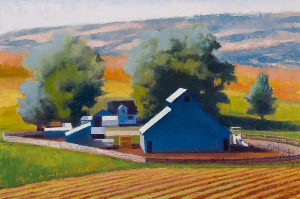 Impressionist-style rural landscape with a blue barn, white fencing, and surrounding trees and fields under a sky.