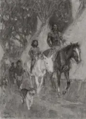Rough pencil sketch of two riders on horses along a wooded trail, with a child walking beside and a dog in the foreground.