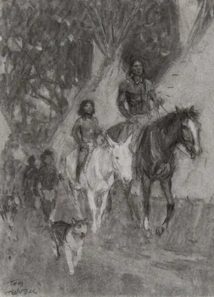 Rough pencil sketch of two riders on horses along a wooded trail, with a child walking beside and a dog in the foreground.