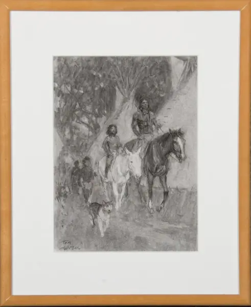 Charcoal drawing of two riders on horses with a small dog in front, along a forest path.