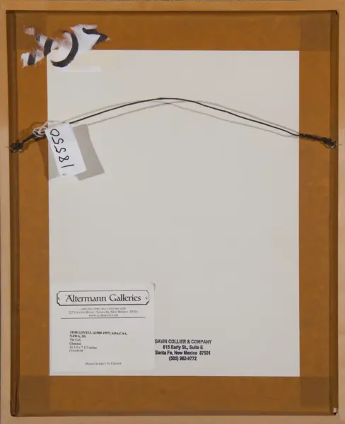 Back of a framed artwork showing a hanging wire, white backing, and gallery labels with a price tag from Altermann Galleries/AOA.