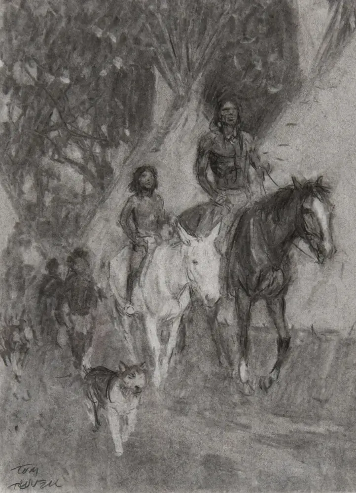 Rough pencil sketch of two riders on horses along a wooded trail, with a child walking beside and a dog in the foreground.