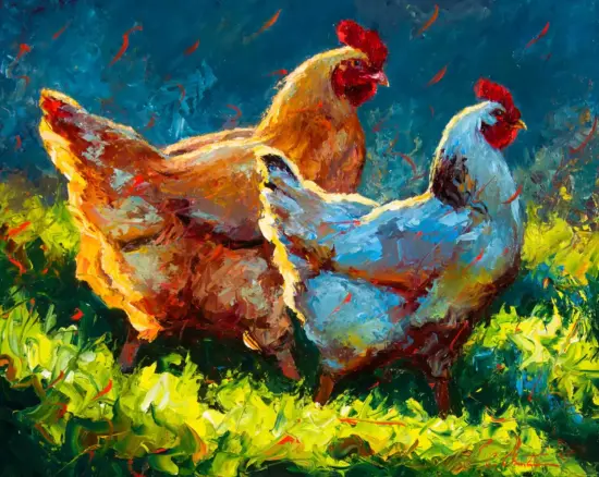 Two colorful chickens peck and strut in a bright, brush-stroke yard scene with greens and blues surrounding them.
