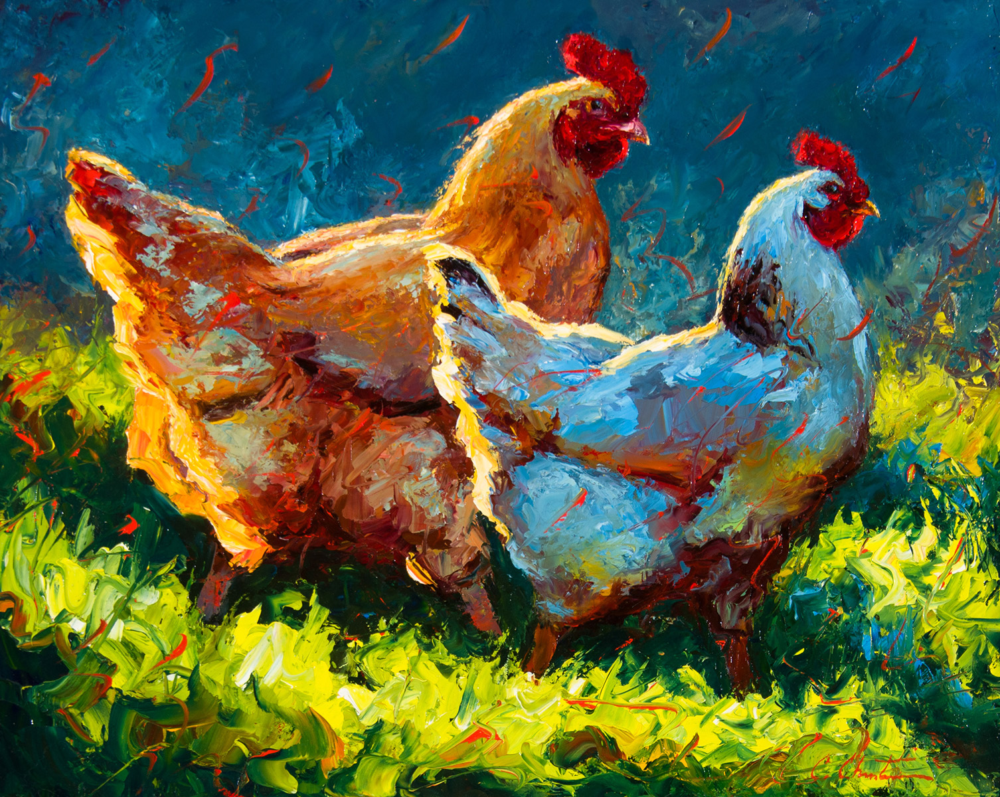 Vibrant impressionist painting of two chickens standing in a sunny, grassy yard.