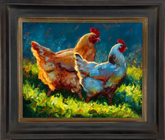 Two chickens, a brown hen and a blue-gray rooster, stand in a bright, colorful field in this bold painting.