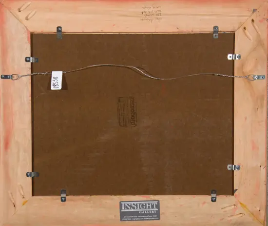 Back of a framed painting showing a wire hanging system, wooden cradle, and an Insight Gallery label on the bottom edge.