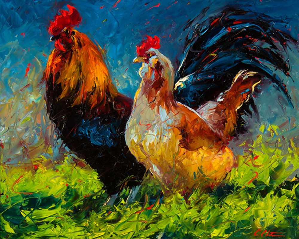 Three colorful chickens standing in a bright, abstract field painted with bold, sweeping strokes.