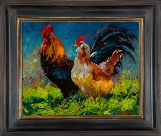 Colorful oil painting of three roosters in a green field with bold brushstrokes and blue sky background, framed as wall art.