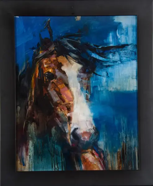Abstract painting of a horse's head in blue and brown tones with a white blaze, bold brushstrokes in a dark frame.