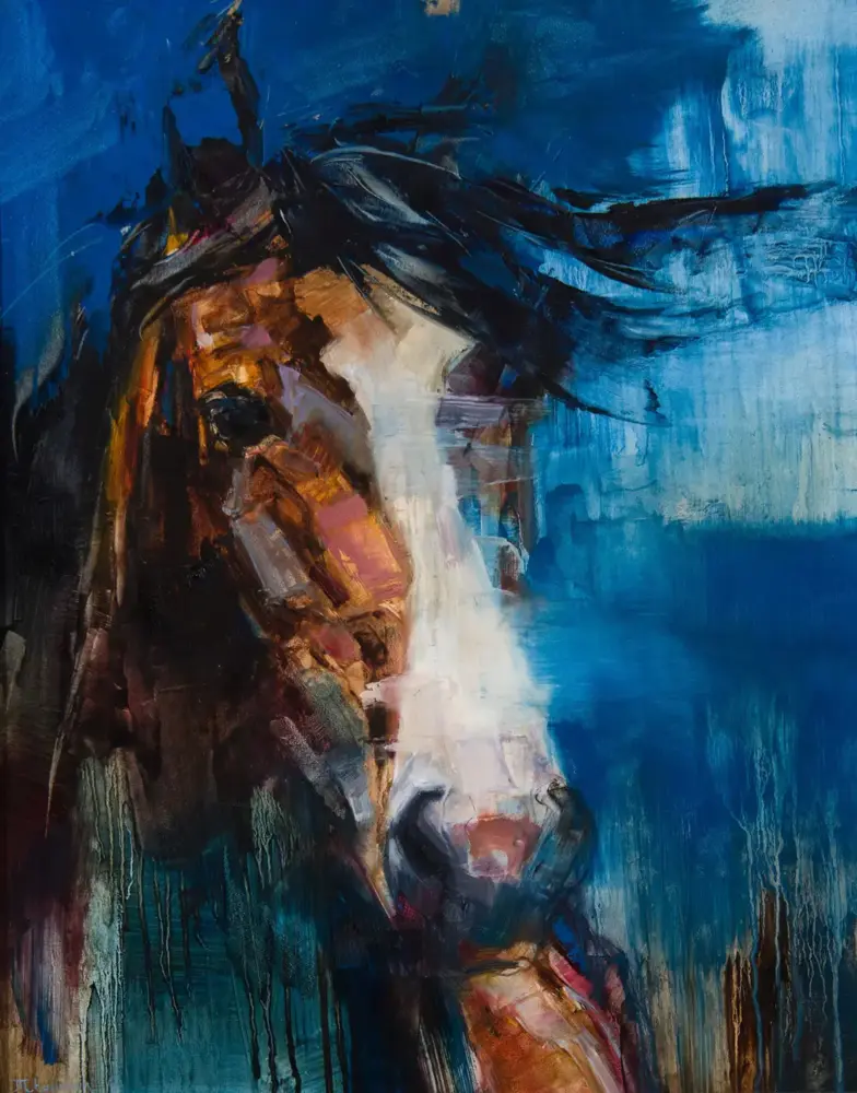 Abstract painting of a horse's head emerging from dark blues and browns, with expressive, bold brushstrokes and a teal-blue background.