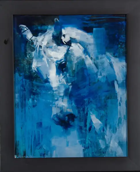 Abstract blue painting with layered brushstrokes in blues and whites, framed in black.