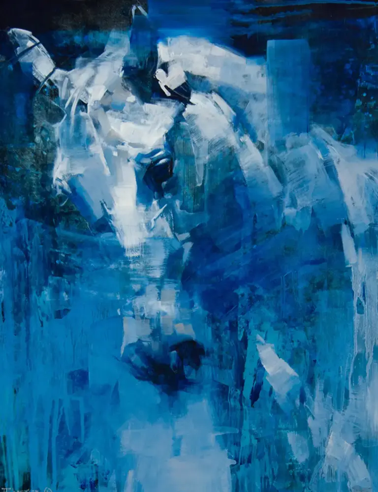 Abstract blue painting with bold white brushstrokes and varying blue tones. (Abstract artwork)