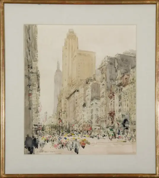 Watercolor city street scene with tall beige skyscrapers and a busy sidewalk filled with pedestrians and cars in motion.