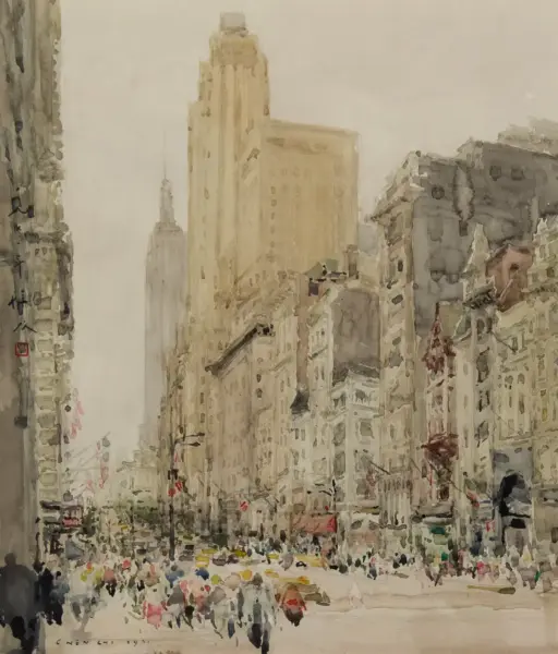 Watercolor city street with tall beige buildings and a busy crowd along the sidewalks, painted in soft, muted tones.