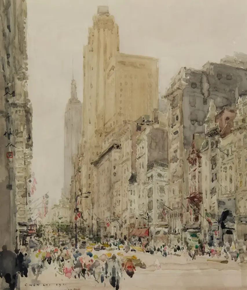 Watercolor city street with tall beige buildings and a busy crowd along the sidewalks, painted in soft, muted tones.