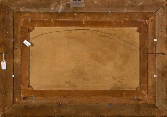 Back of a framed painting showing a brown wood frame, hanging wires, and small tags attached to the edges.