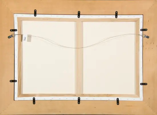 Back of two-panel stretched canvas with a wooden frame, wire hanging across the middle for wall mounting, metal eyelets and clamps visible on the edges.