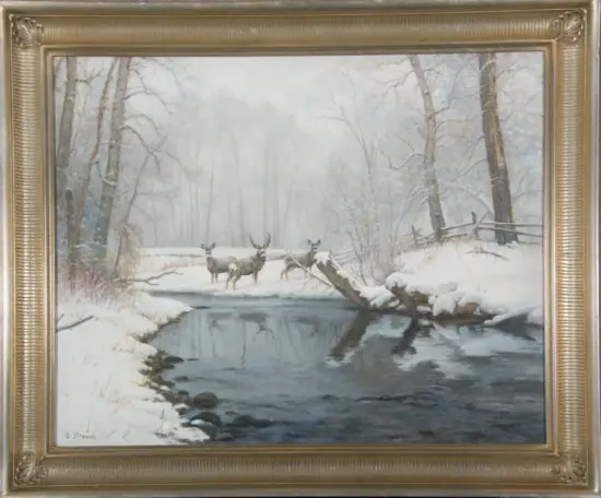 Snowy winter forest scene with a winding stream and three deer on the bank beside the water, framed as a painting.
