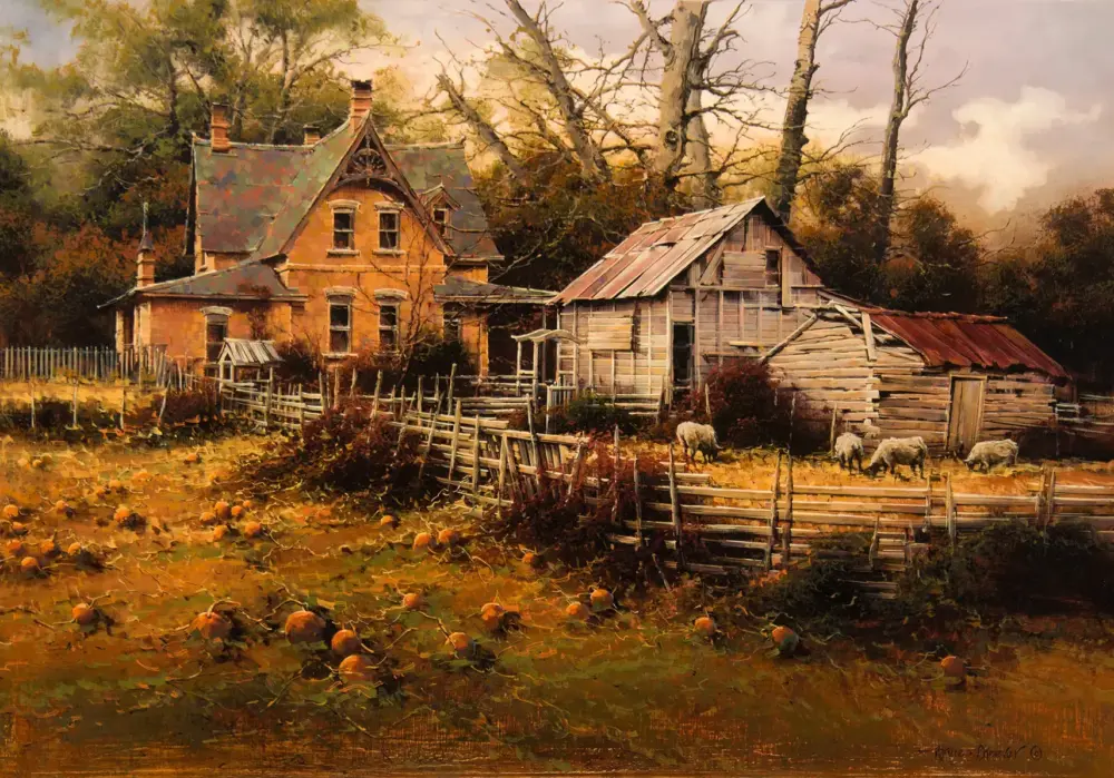 Autumn farm scene with pumpkins in a field, a wooden house and weathered barn behind a split-rail fence, and grazing sheep in the yard.