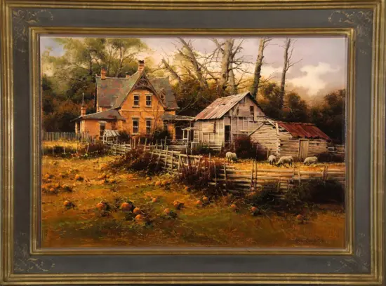 Autumn farm scene with a brick farmhouse and weathered shed, pumpkins in the yard, and sheep near a split-rail fence.
