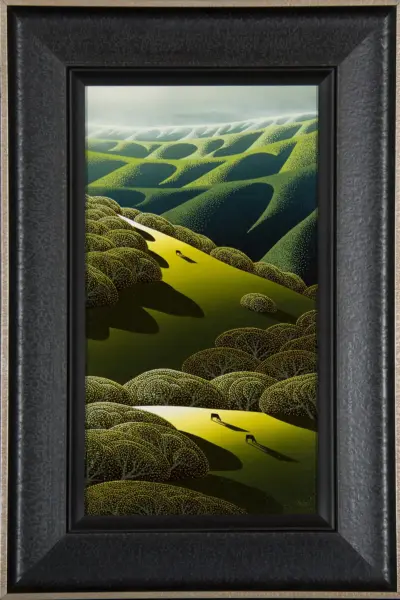 Framed abstract landscape with rolling lime-yellow and green hills dotted with small circles, under a pale sky.