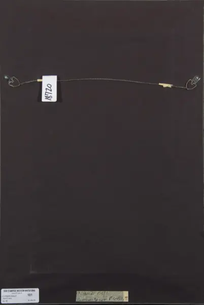Back of a framed artwork showing a hanging wire with heart-shaped end hooks and several bottom-edge labels/tags for price and title.