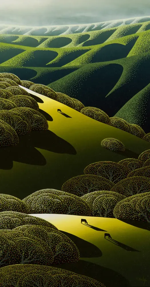 Stylized desert scene with dark green dunes, yellow sand ridges, and dotted shrubs; camels cast long shadows as they traverse the dunes.