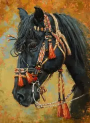 Close-up painting of a black horse wearing ornate tack with red tassels against a warm autumn background.