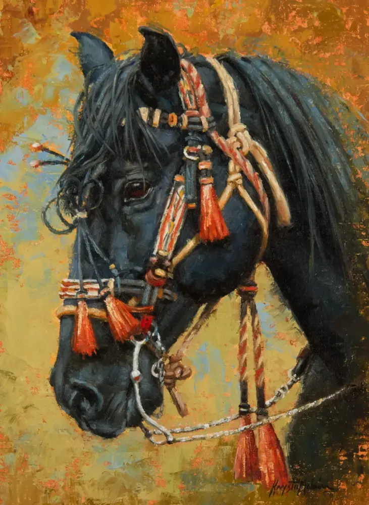 Close-up painting of a black horse wearing ornate tack with red tassels against a warm autumn background.