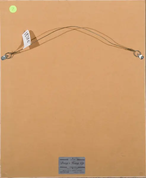 Back of a framed artwork: two metal picture-hanging wires run from left and right attached to D-ring fixtures; a small white tag is attached on the left, and a blue business card reading 'Doug's Hang Up' is affixed near the bottom center.