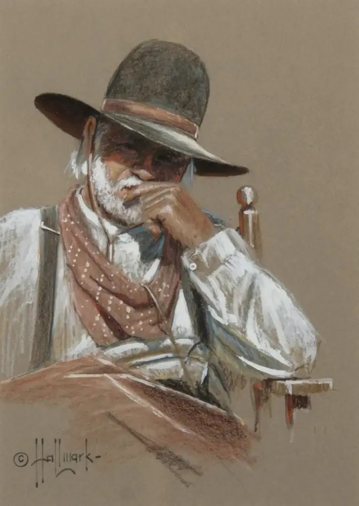 Older man with a wide-brimmed hat and brown scarf sits thoughtfully, hand at his chin, in a muted portrait.