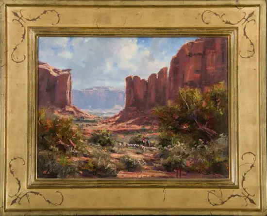 Desert canyon landscape painting with red rock formations, blue sky, and two travelers with a dog in the foreground.