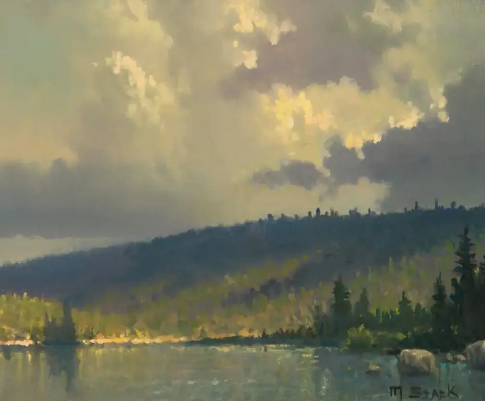 Impressionist landscape of a forested hillside along a calm lake under a cloudy sky, with soft greens and blues.