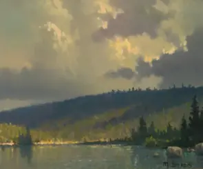 Stormy sky over a forested hillside reflected in a calm lake; impressionistic landscape with soft greens and blues.